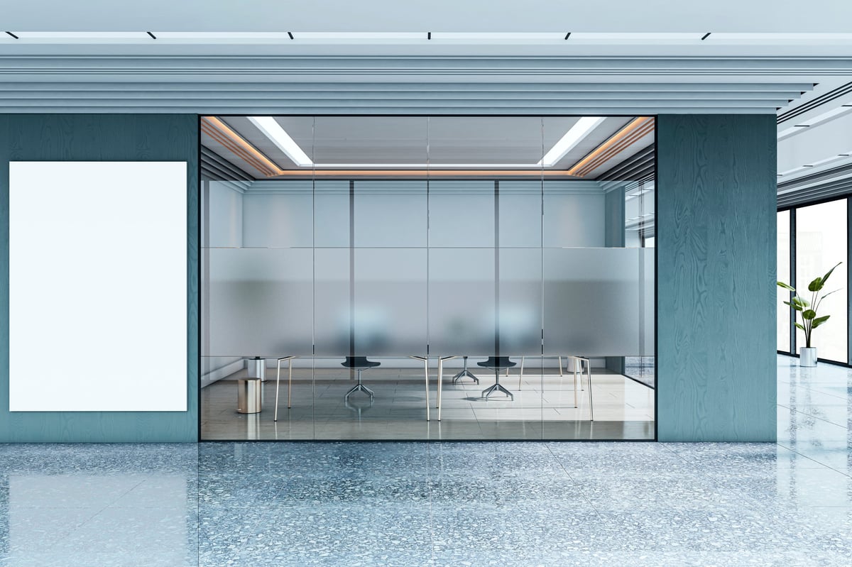 coloured switchable smart film on interior glass partition in a contemporary office