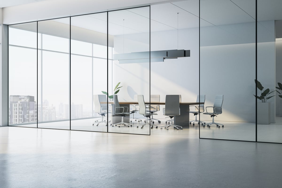 Empty modern office meeting space with sleek contemporary style on city background, concept of corporate work, 3D Rendering