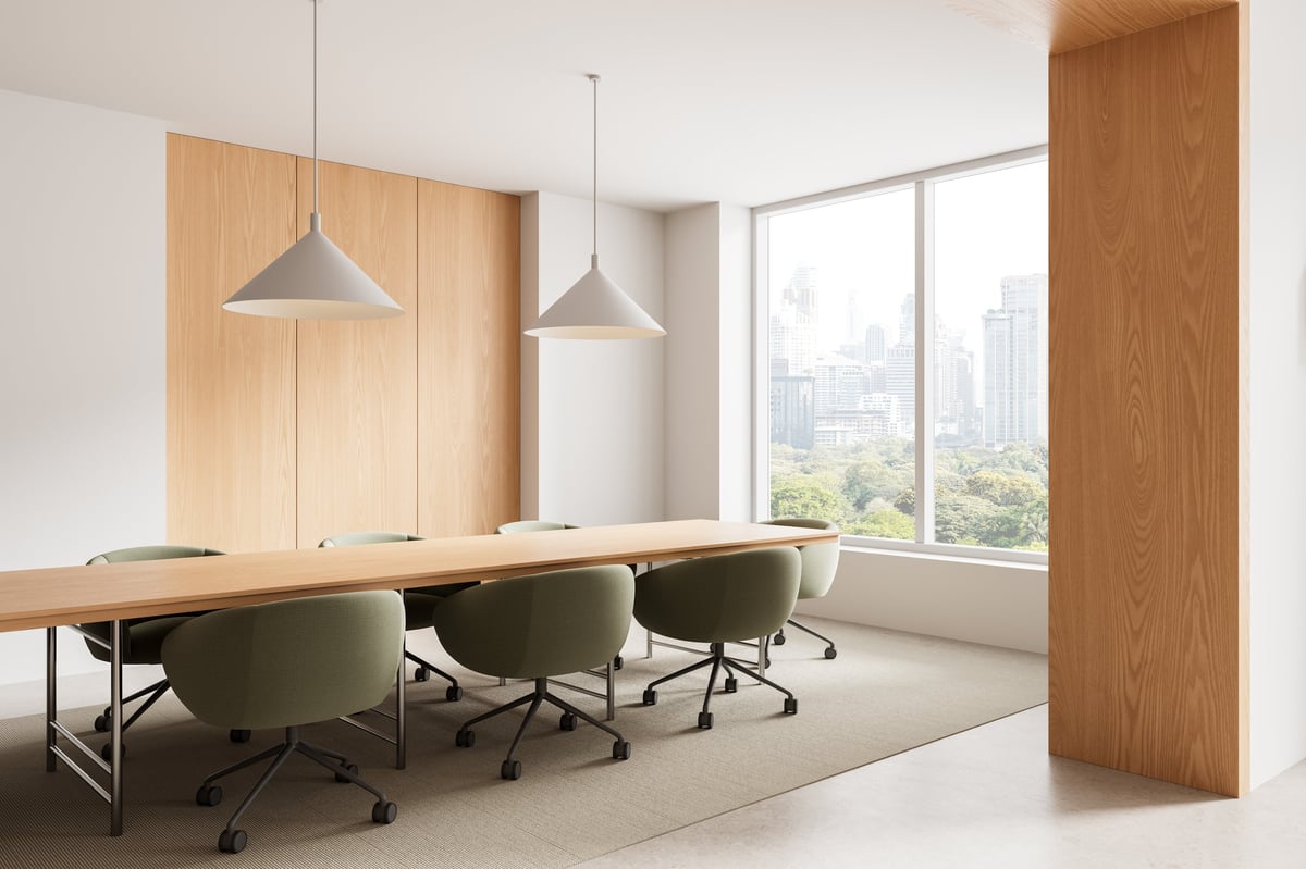 Interior meeting room with modern minimalist style and cityscape background