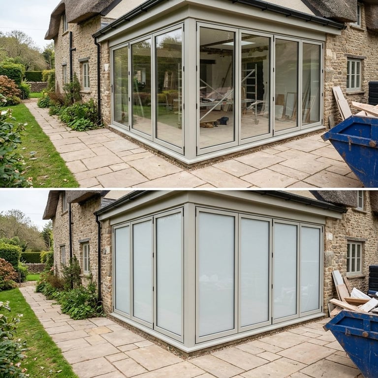 Before and after comparison of a corner glass extension with closed and open bifold doors on a stone house patio