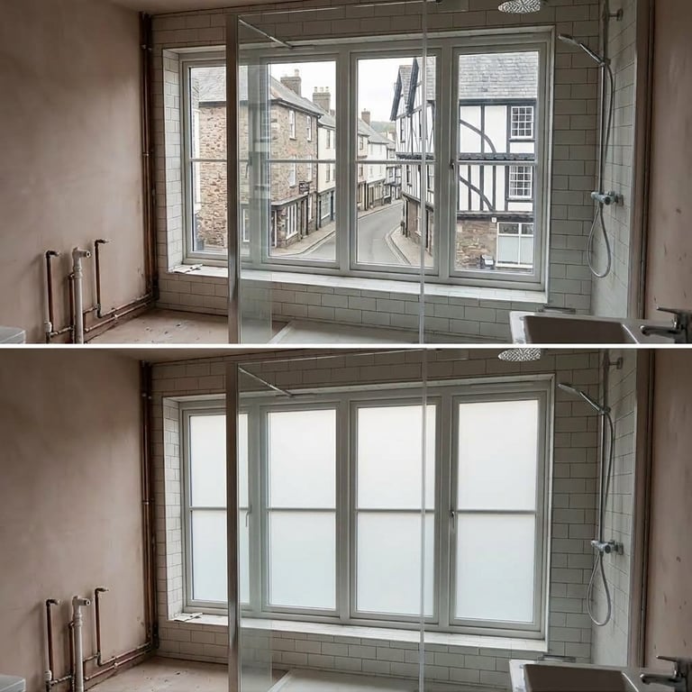 Before and after comparison of a bathroom shower enclosure installation showing an urban street view replaced with frosted glass paneling