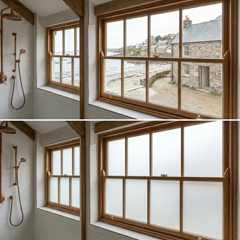 Before and after comparison of window treatments showing coastal mountain view versus frosted privacy film applied to bathroom windows