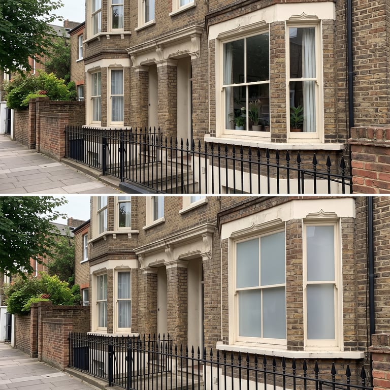 Before and after comparison of a brick townhouse exterior showing window replacement and renovation