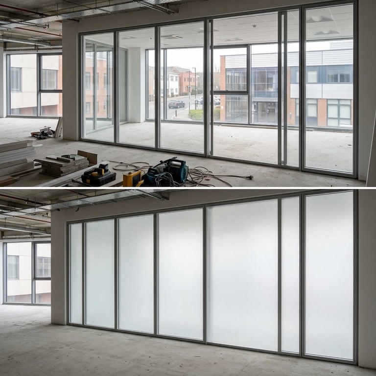 Before and after of commercial glass partition installation in an office space with city view