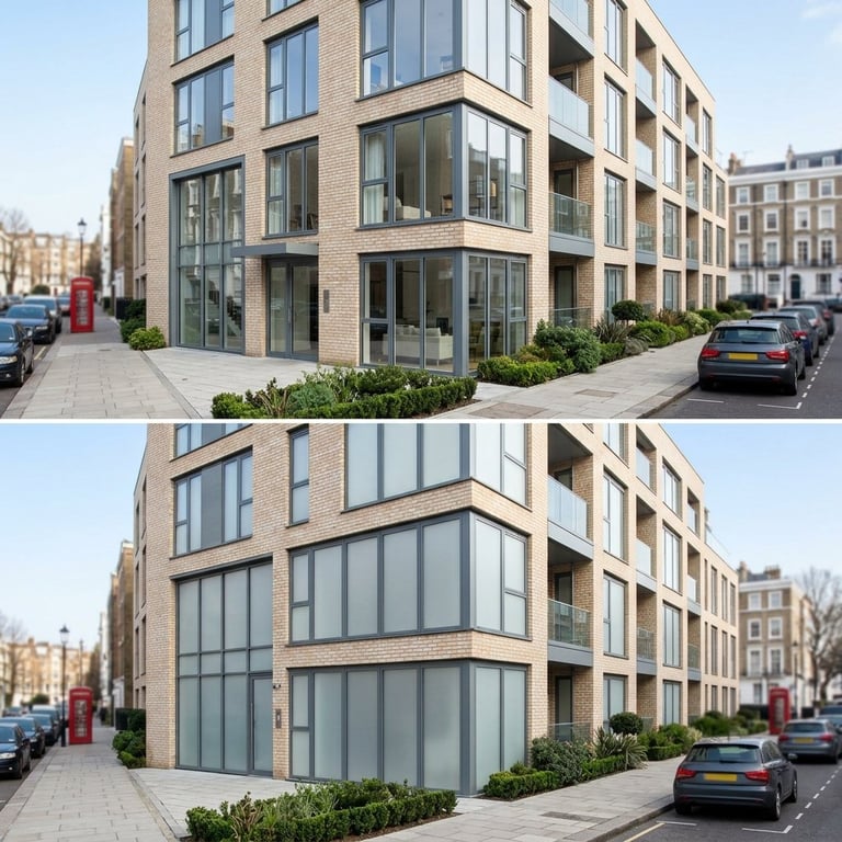 Before and after comparison of modern brick residential building corner with large windows and ground floor retail space.