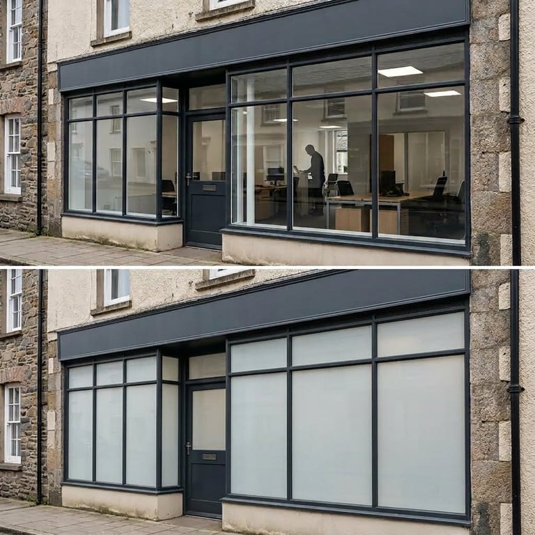 Before and after comparison of a storefront with black framed windows, showing interior view and frosted glass version