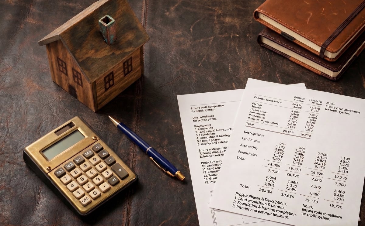 Wooden house model with calculator and financial documents