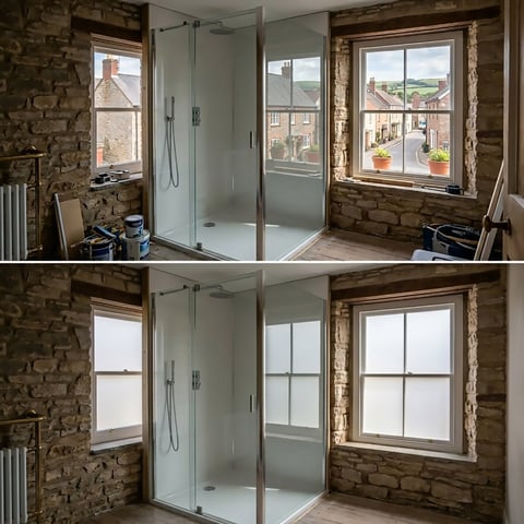 Before and after comparison of a bathroom with exposed brick walls, frameless glass shower enclosure, and two windows with city views