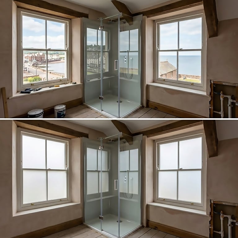 Before and after comparison of bathroom with glass shower enclosure and large windows showing coastal city views