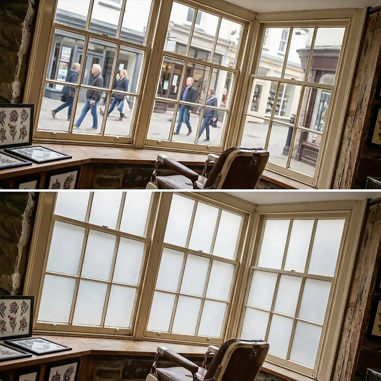 Before and after comparison showing a window view changing from busy street with pedestrians to blank white sky