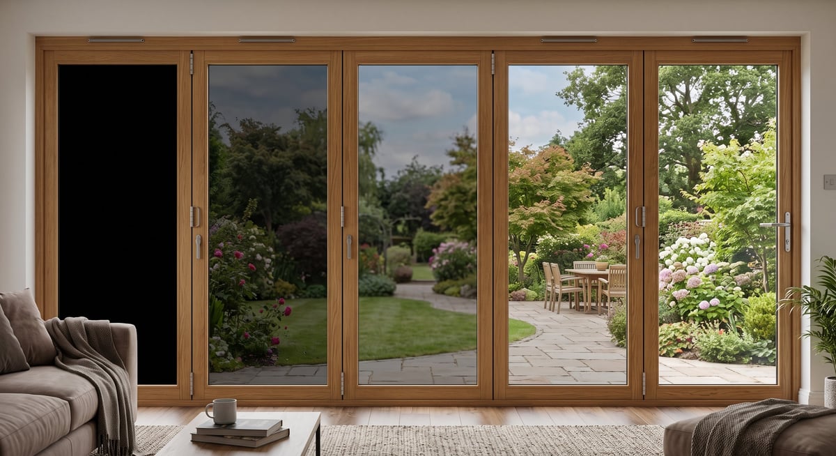Large wooden multi-panel sliding glass doors opening to a garden with lawn, patio, and outdoor seating area