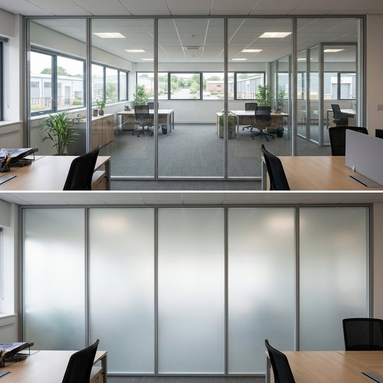 Modern office interior with glass partitions, desks with black chairs, and natural light from windows