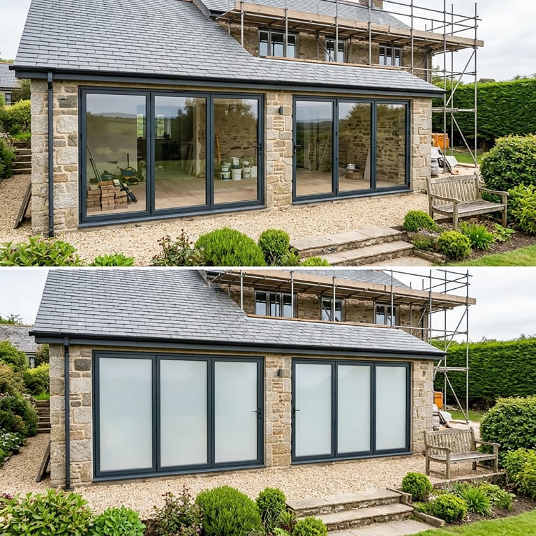 Before and after comparison of a stone house extension with new large black-framed sliding glass doors and windows