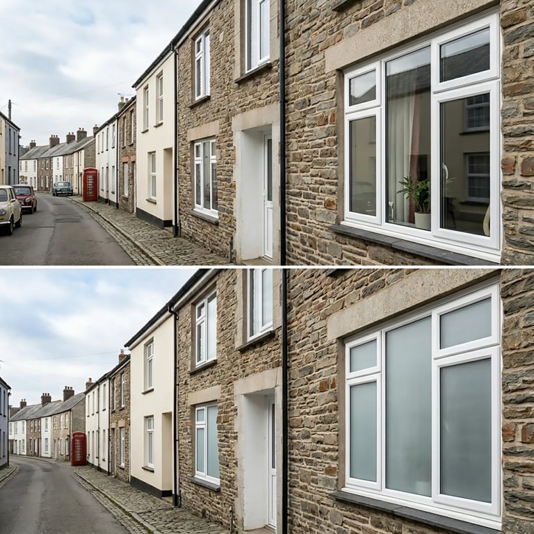 Before and after comparison of a stone cottage street with white window replacement on a terraced house
