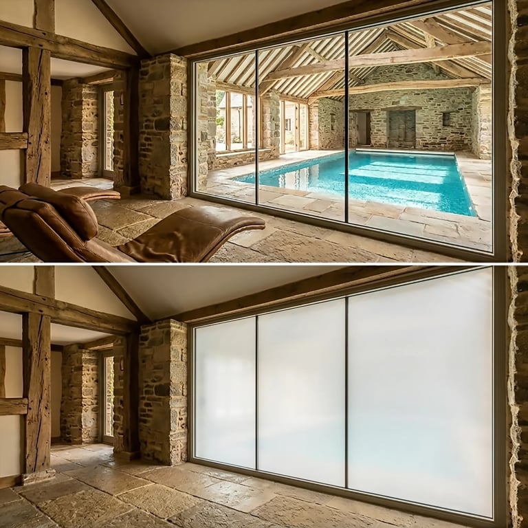 Indoor swimming pool with glass doors shown in two states: open revealing blue pool, and closed with frosted glass for privacy