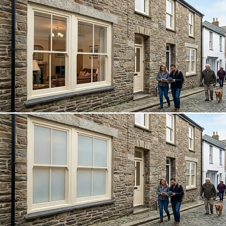 Before and after comparison of window replacement on a stone cottage with people standing on the street