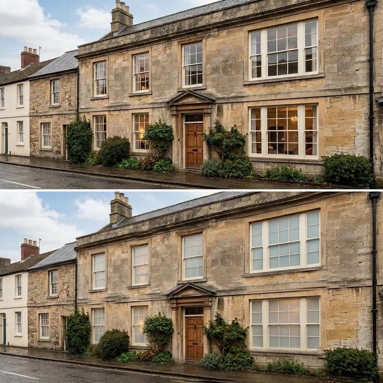 Two views of a traditional stone townhouse with multi-paned windows, wooden door, and potted plants along the facade