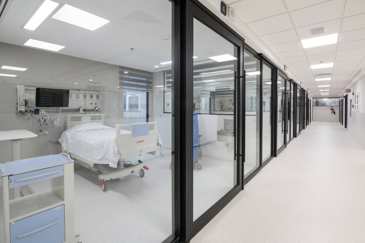 Modern hospital patient room with medical bed and equipment, viewed through glass partitions in a bright, clean corridor