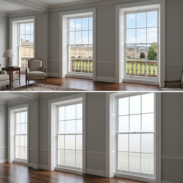 Two views of elegant interior rooms with large white-trimmed windows overlooking a balcony and cityscape, featuring hardwood floors and gray walls.