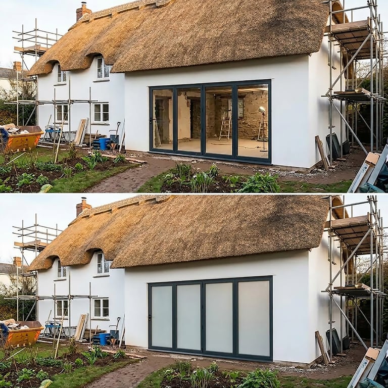 Before and after comparison of thatched cottage renovation showing large new sliding doors installation on white-walled home