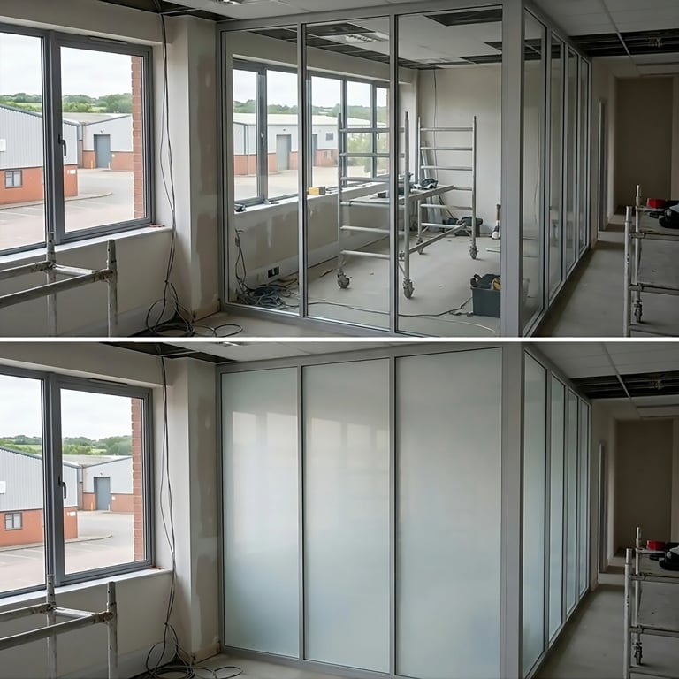 Before and after comparison of glass partition installation in modern office space with frosted privacy film applied to lower panel