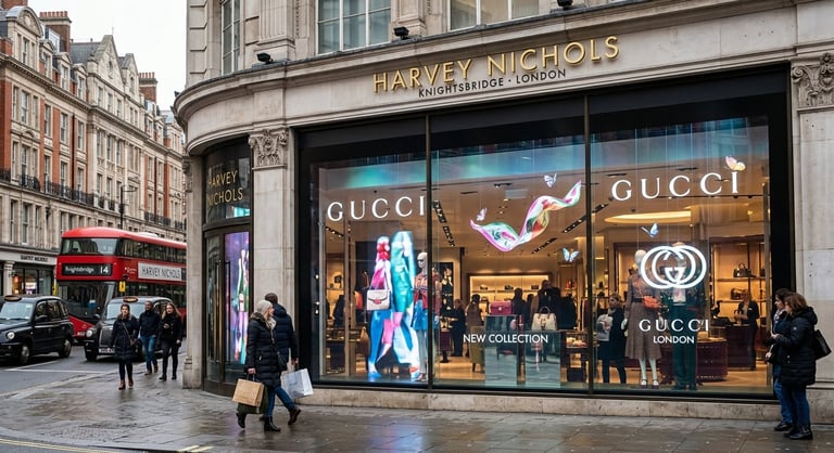 Gucci storefront at Harvey Nichols on a London street with pedestrians and red double-decker bus in background