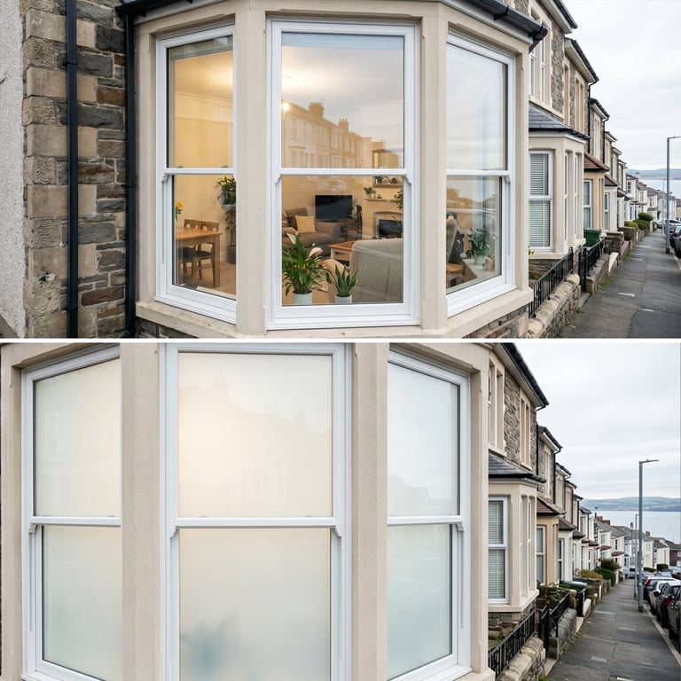 Two comparison images of smart glass installation in a historic Cornwall property