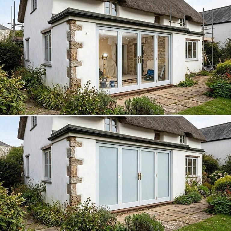Before and after comparison of a modern glass extension added to a white cottage with thatched roof and stone chimney.