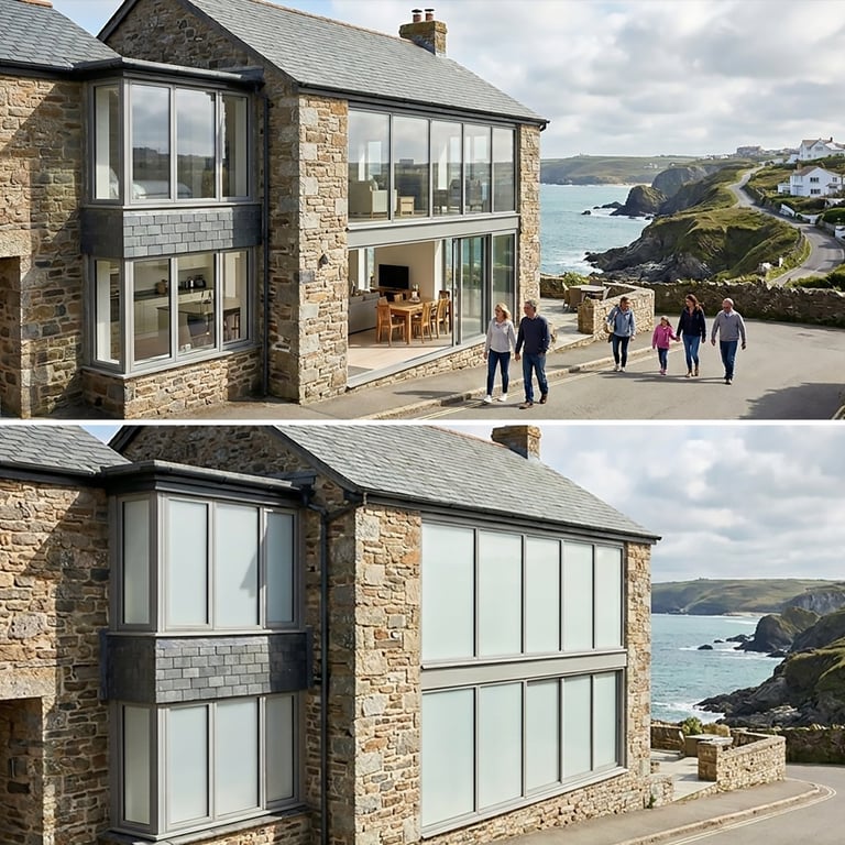Before and after comparison of a coastal stone house renovation with large windows overlooking rocky shoreline and ocean cliffs