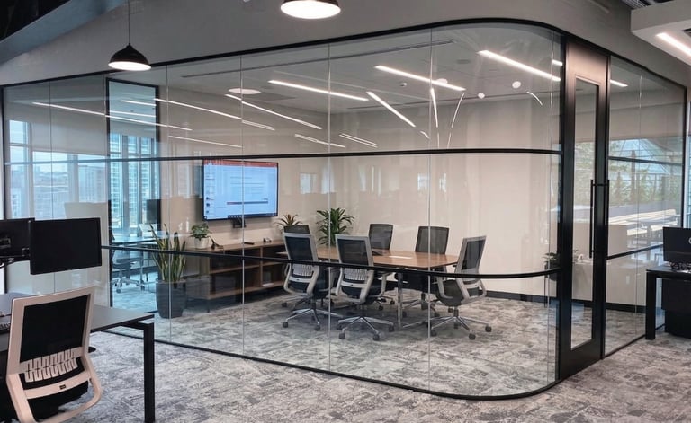 Modern glass-walled conference room in office with meeting table, chairs, and city skyline view through windows