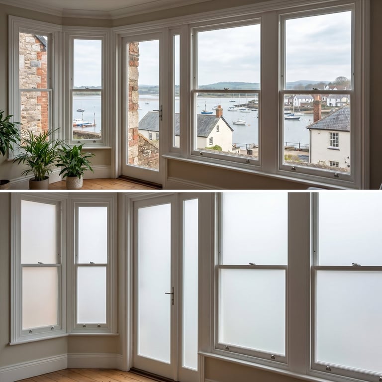 Bay windows showing coastal harbor view above; frosted privacy windows below
