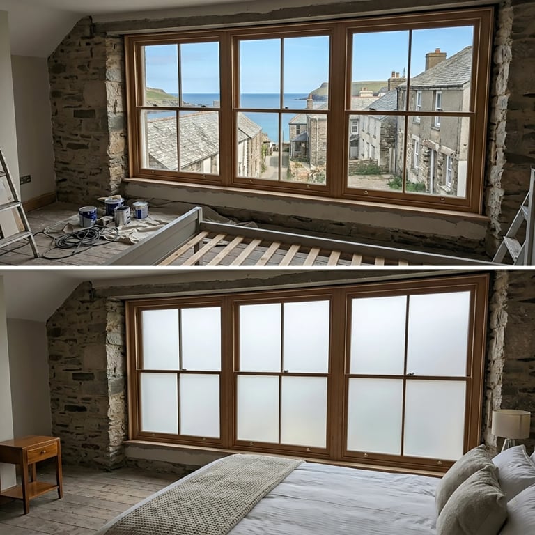 Before and after bedroom renovation showing wooden-framed windows with distant coastal village views and modern furnishings added