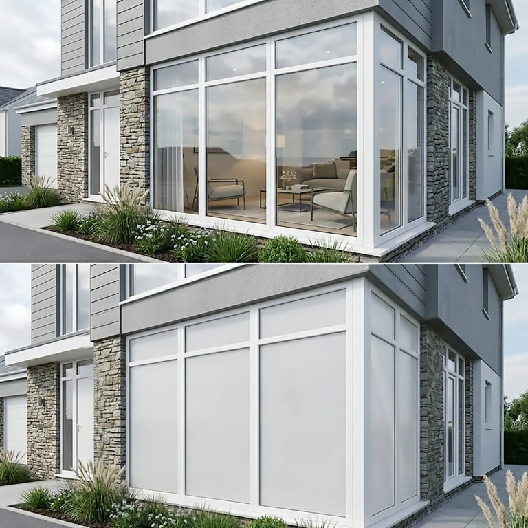 Before and after comparison of modern home exterior with large windows and smart glass technology