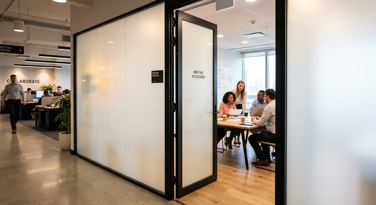 Modern glass-walled office meeting room with people seated at a table, adjacent to an open workspace area