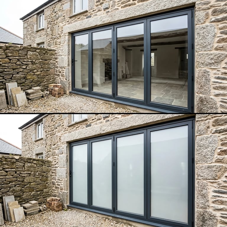 Before and after comparison of smart glass doors on a stone cottage showing transparent and frosted states