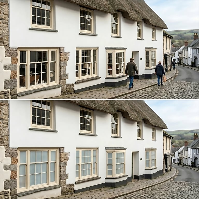 Before and after comparison of a thatched cottage storefront with new window replacements, showing dark frames above and cream frames below