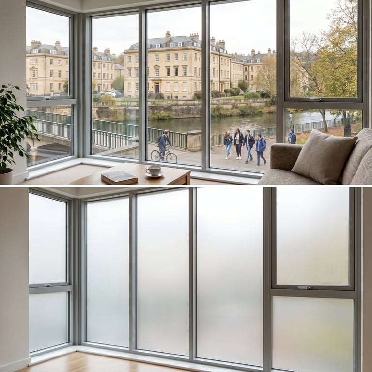 Split image showing frosted privacy film applied to corner windows overlooking a historic European riverfront with buildings and pedestrians below