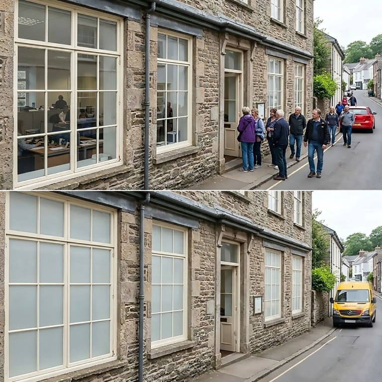 Before and after comparison of a stone village street showing removal of pedestrians and vehicles from the scene.