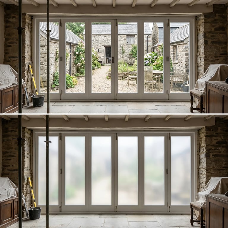 Two side-by-side images showing the same bi-fold patio doors with clear and frosted glass options in a stone-walled room