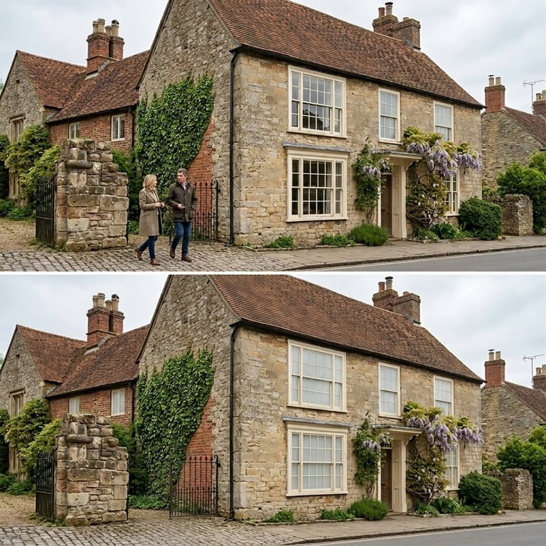 Before and after comparison of a stone cottage with ivy removal, showing the exterior of a traditional English stone house