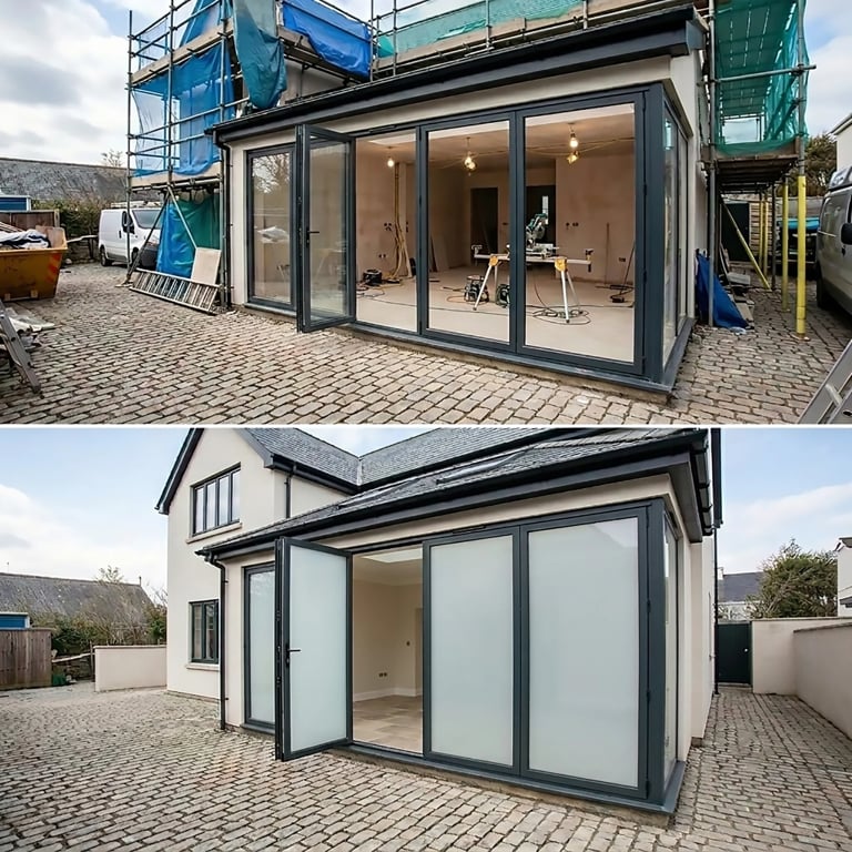 Modern modular extension with dark frames and large glass doors shown in factory and installed settings