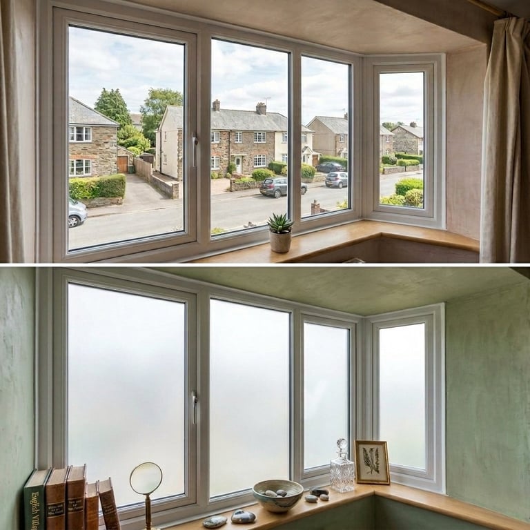 Before and after comparison of bay windows showing clear view of suburban street above and frosted glass privacy below