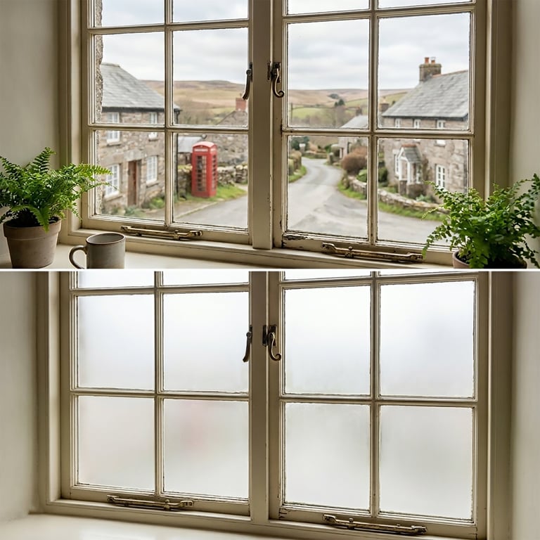 Traditional sash window with before and after comparison showing clear view of rural village street and after with frosted appearance
