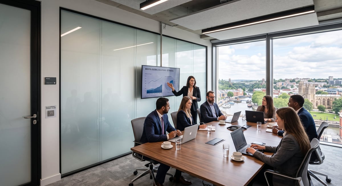 Business team in a modern office conference room with floor-to-ceiling windows overlooking a city skyline during a meeting.