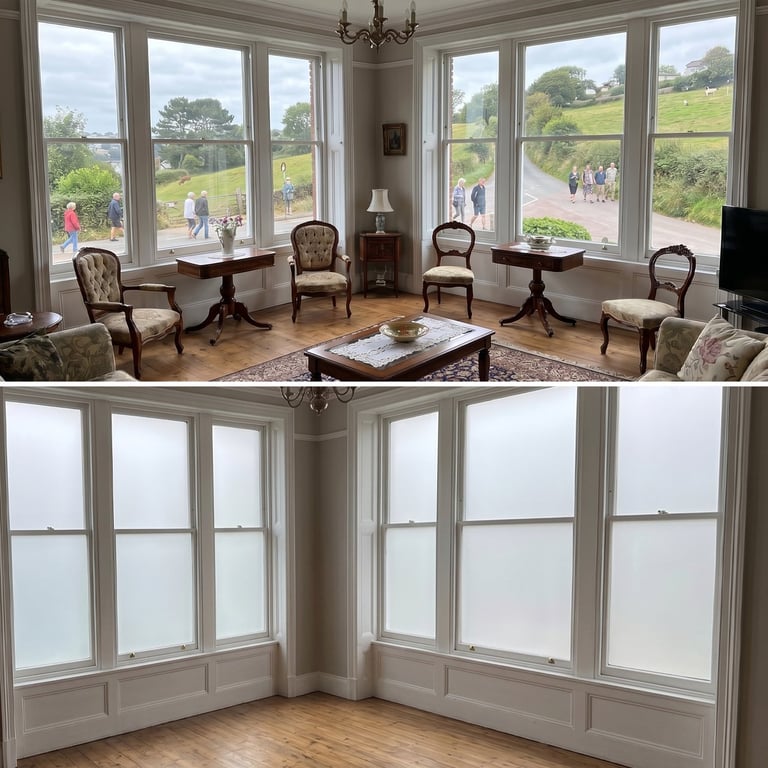Elegant living room with large multi-pane bay windows overlooking countryside and green hills, featuring period furniture and hardwood floors