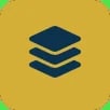Three stacked navy blue layers icon on a gold yellow square background