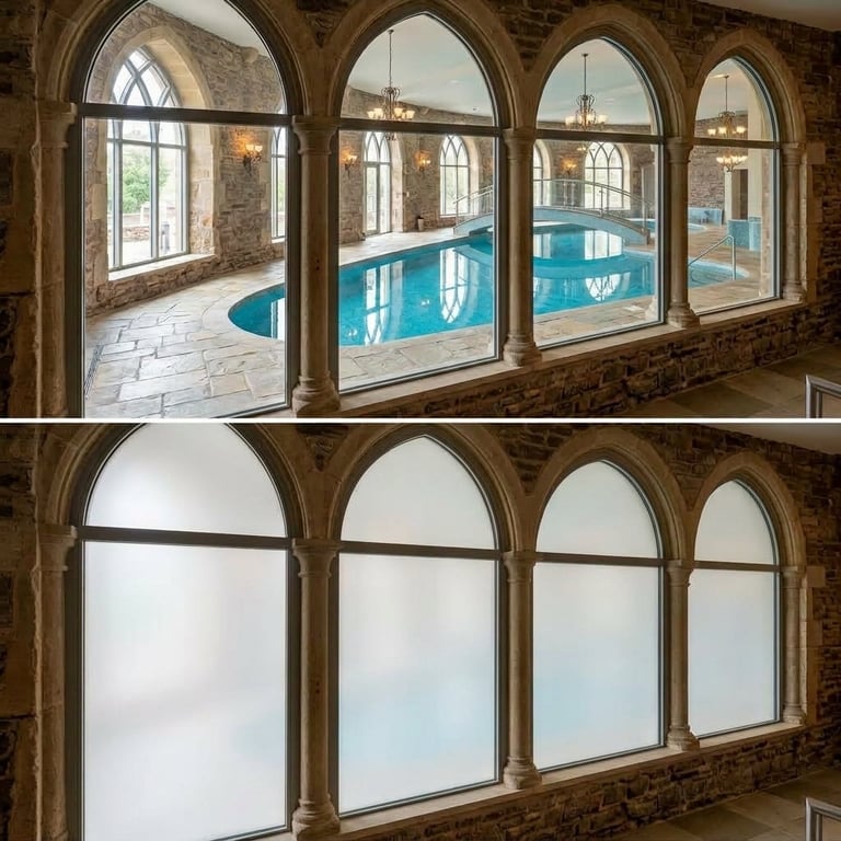 Stone arched windows showing indoor swimming pool with turquoise water in upper view, frosted glass in lower view