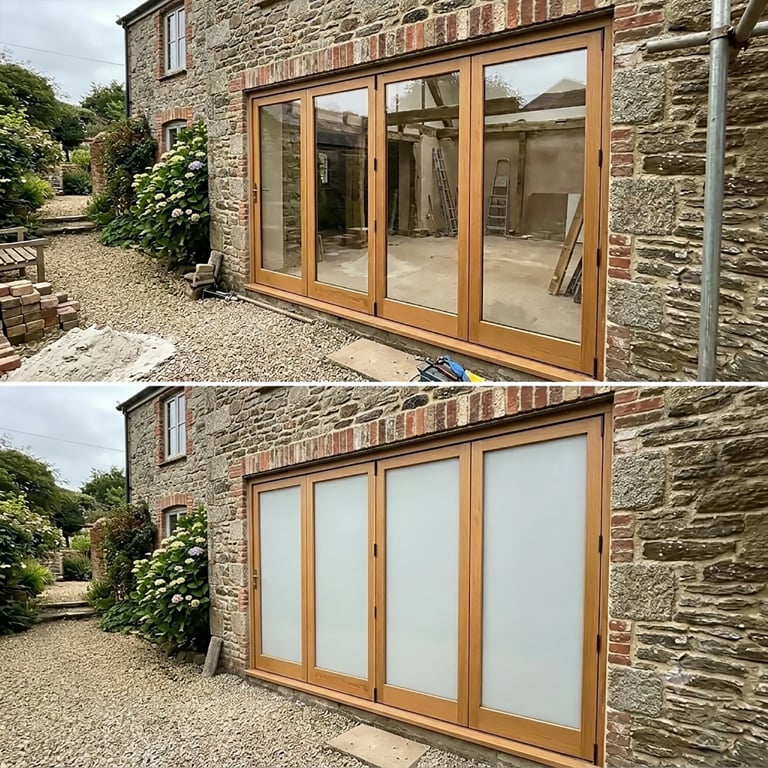 Before and after comparison of wooden glass doors on stone cottage exterior, showing transformation from transparent to frosted glass panels.