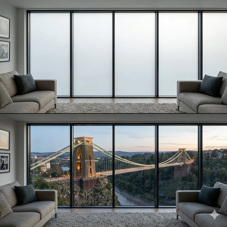 Before and after comparison of floor-to-ceiling windows: frosted glass above, scenic bridge view below