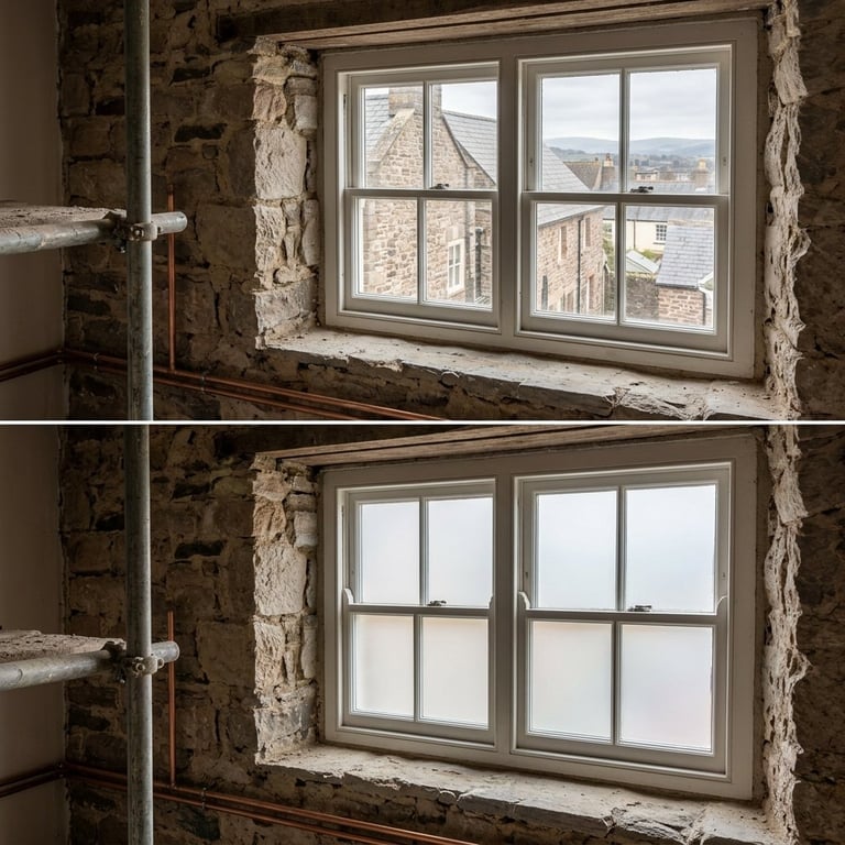 Before and after comparison of a window installation showing an open window with an outdoor view above and a closed window with frosted glass below